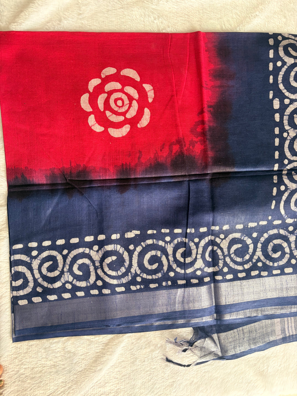 Blue and red Batik print saree