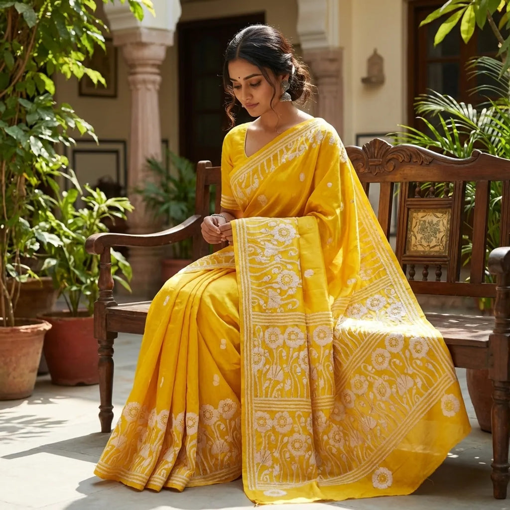 YELLOW SLIK KATHA SAREE