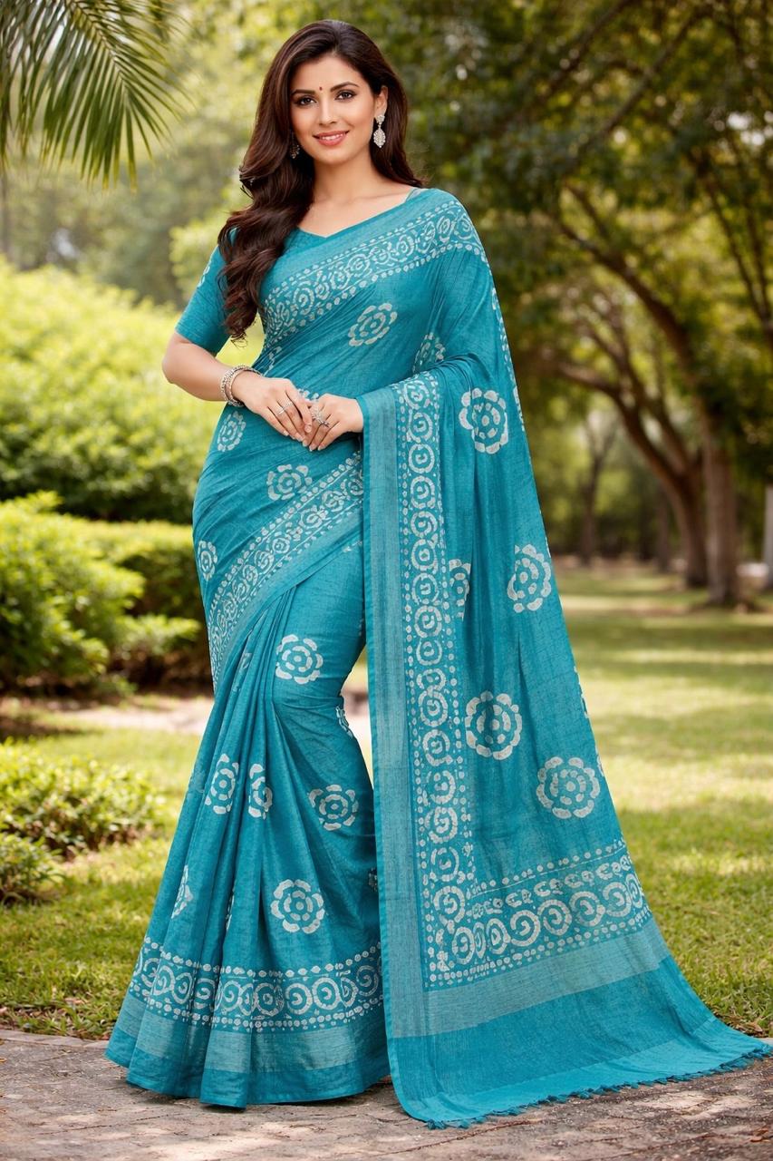 Blue bagalpuri, batik print cotton saree