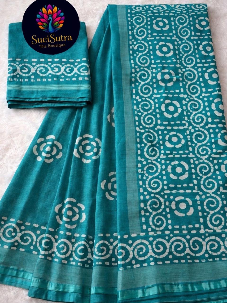 Blue bagalpuri, batik print cotton saree